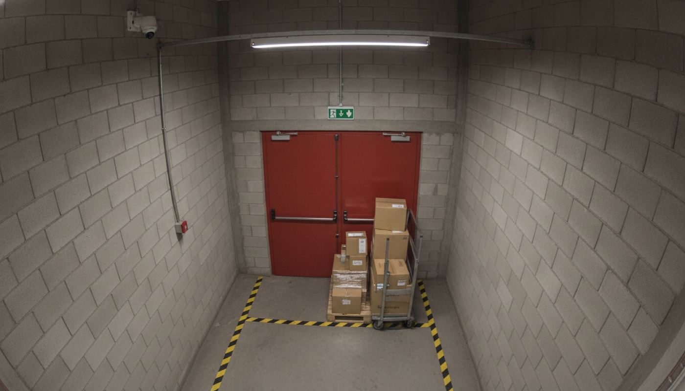 Cena ilustrativa: estado e obstrução. Verificações periódicas na porta de emergência. Quando algo permanece na área demarcada, a solução registra a foto e o horário da primeira detecção.