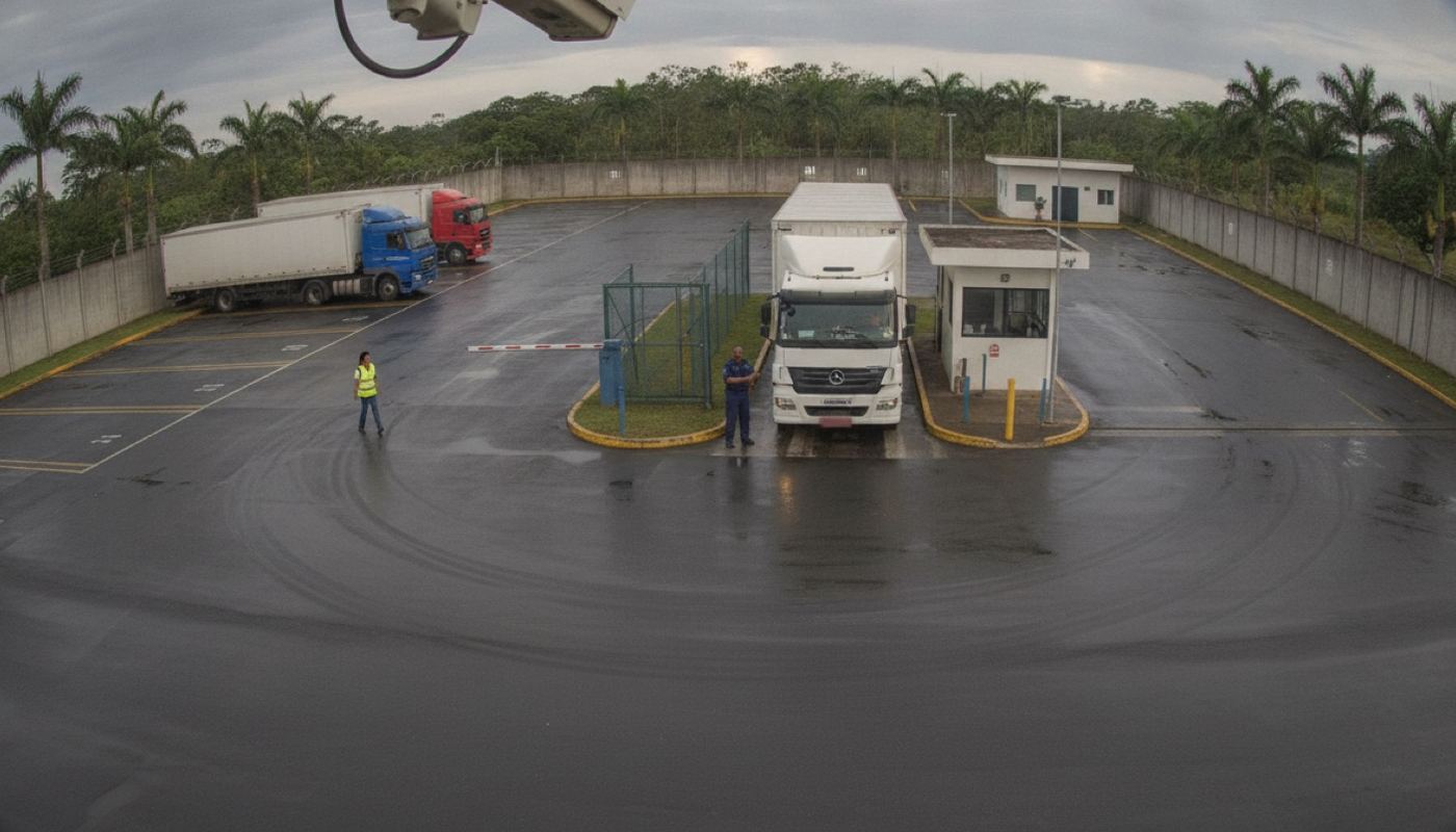 Cena ilustrativa: veículos e placas. Na portaria, a solução lê a placa e associa entrada e saída. O tempo de pátio vira indicador por transportadora, doca e turno.